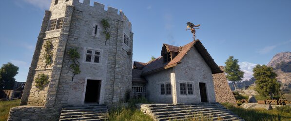 Screenshot aus einem mittelalterlichen Dorf in einem PC-Spiel
