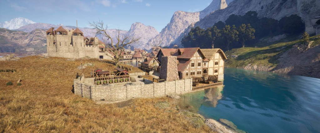 Dorf und Spielfigur in einem mittelalterlichen Online-Rollenspiel